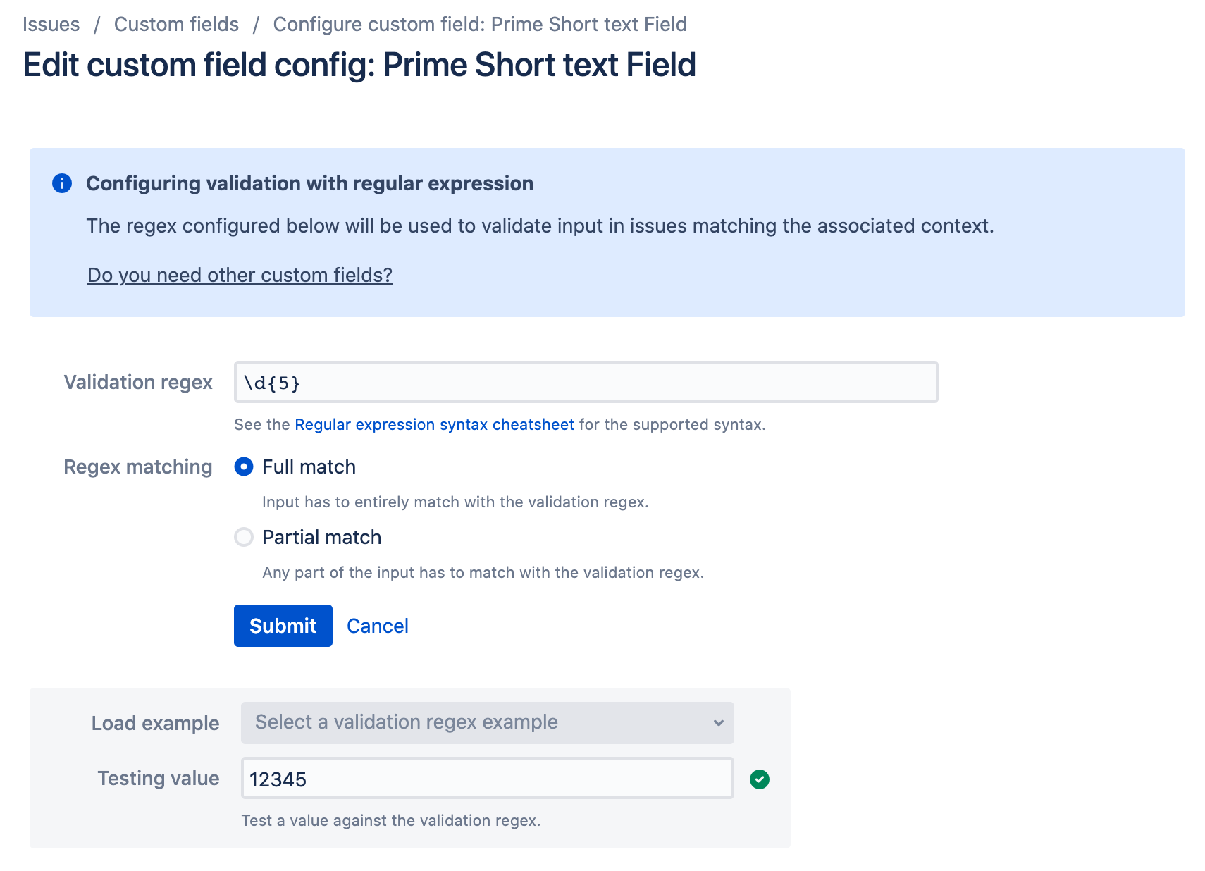 Prime Short text validation configuration