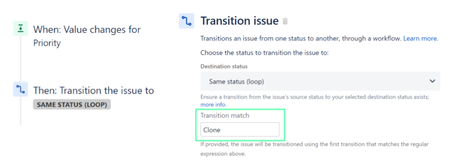 Configuration screen of transition issue automation configuration with the regex matching marked