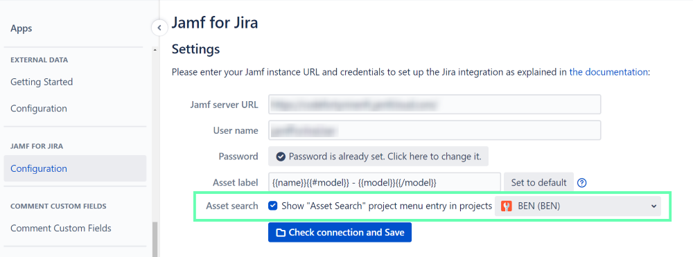 Jamf for Jira configuration screen with Asset search marked