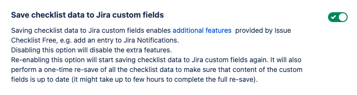 Save checklist data to Jira custom fields option in Issue Checklist for Jira Global Settings