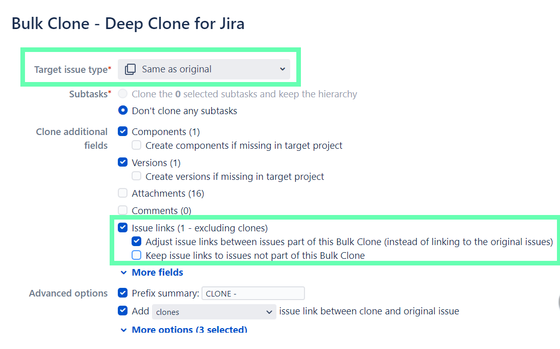 Deep Clone for Jira Bulk Clone configuration screen with Target issue type and Issue links marked