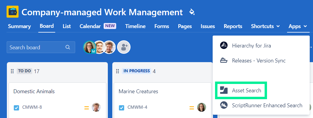 Asset Search under Apps in the top navigation bar Jira Work Management