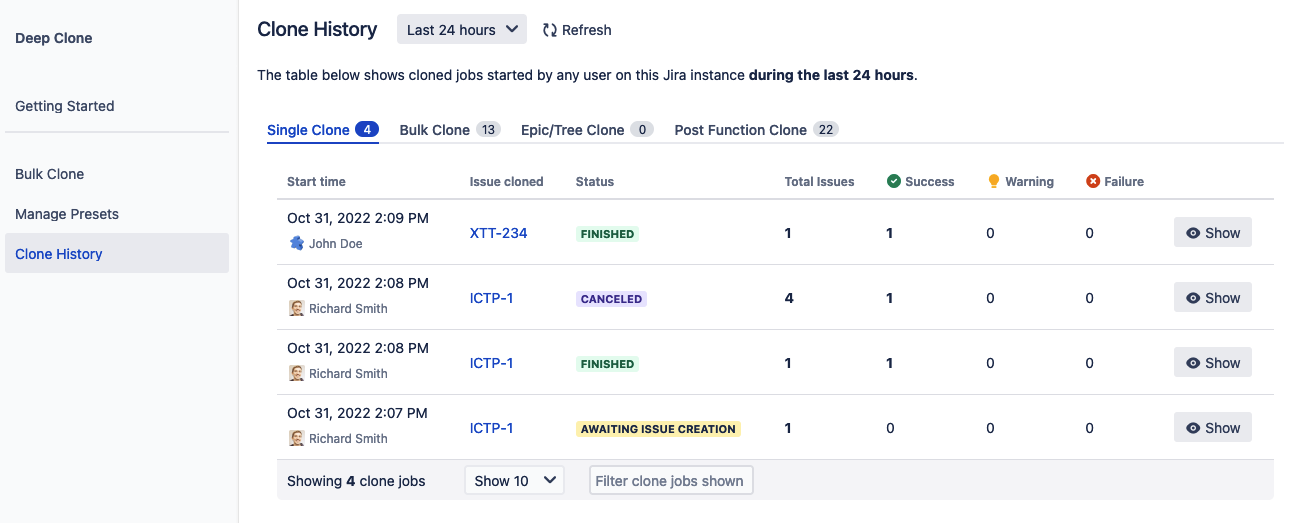 Deep Clone for Jira Clone History overview