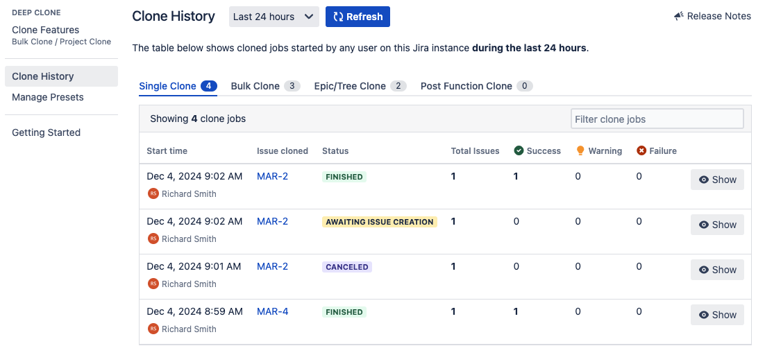 Deep Clone for Jira Clone History overview