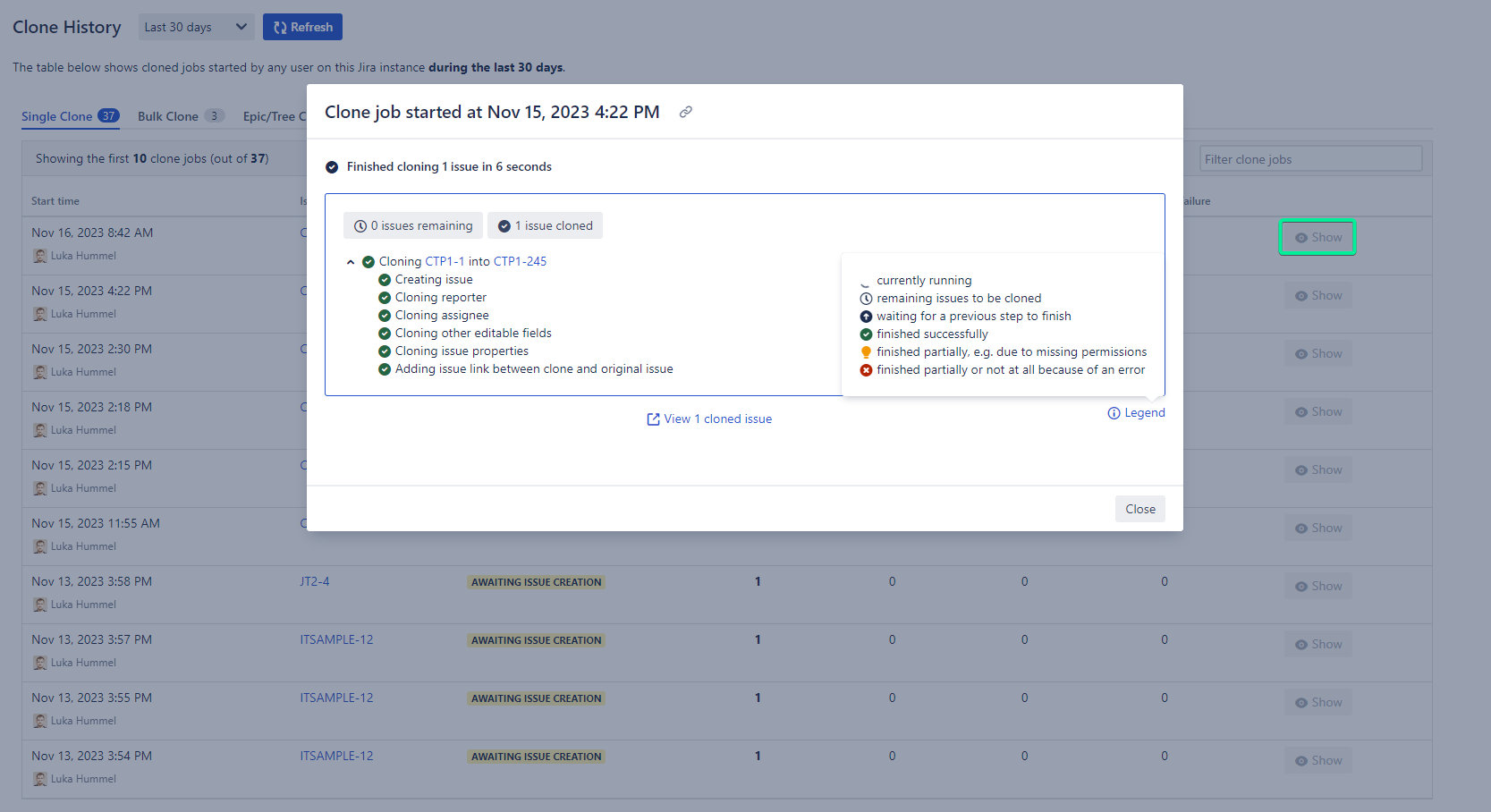 Deep Clone for Jira Clone History detailed view