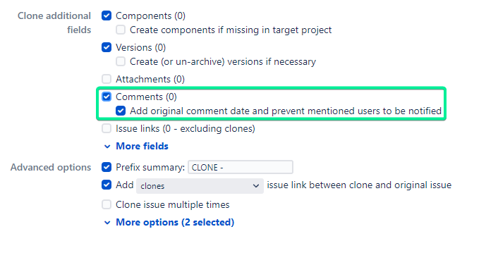 Deep Clone configuration with Comments checked and marked