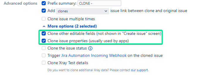 Deep Clone for Jira configuration screen with Clone other editable fiields and Clone issue properties marked