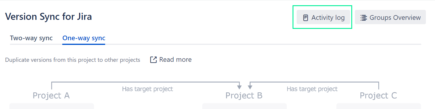 Version Sync for Jira configuration screen with the Acivity log button marked