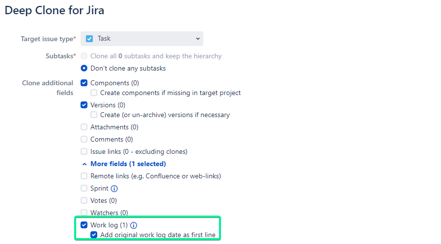Deep Clone for Jira configuration screen with Work log option selected and marked.