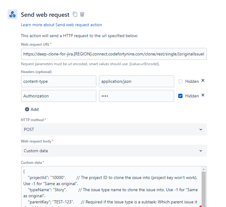 Jira Automation Send web request configuration example