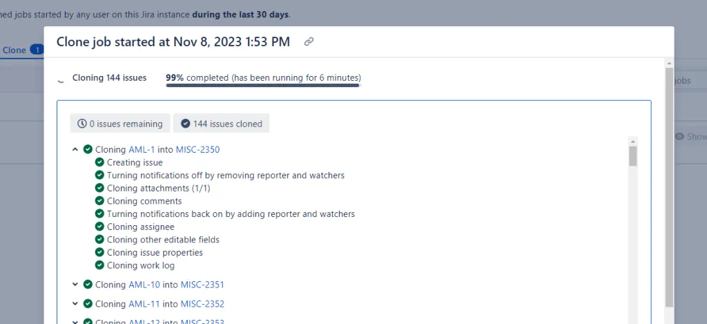Deep Clone for Jira real time clone log
