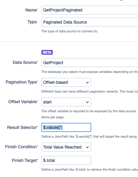 Shows the complete pagination data source setup