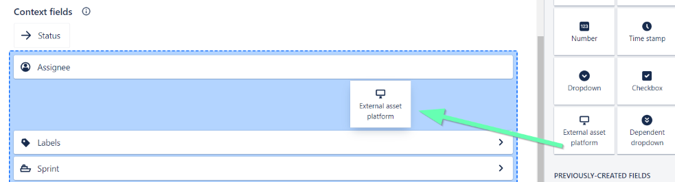 Drag and drop the External asset plattform into context fields.