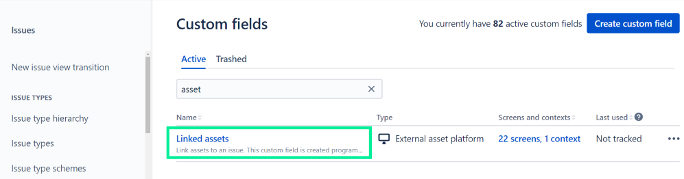 Linked assets in the Custom fields screen.