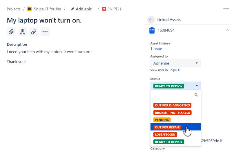 Edit asset status in issue