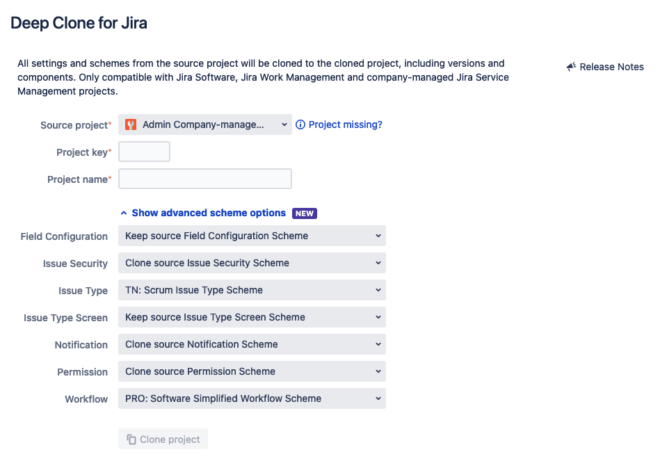 Deep Clone for Jira Advanced Scheme Options configuration screen