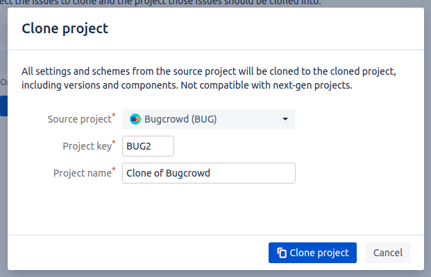 Project clone configuration open when cloning and creating to new project