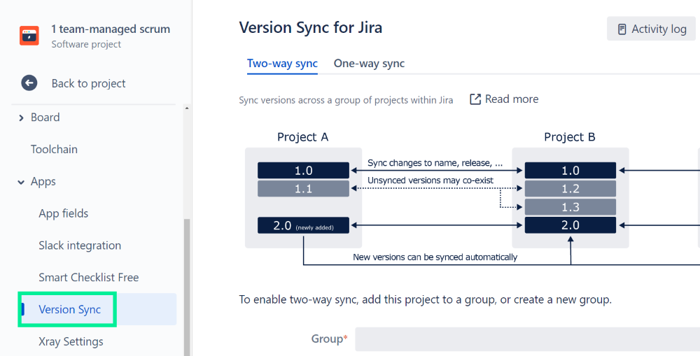 Version Sync configuration screen