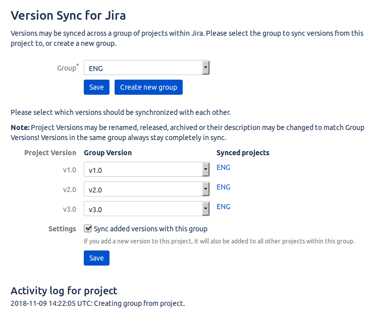 Version Sync for Jira configuration screen