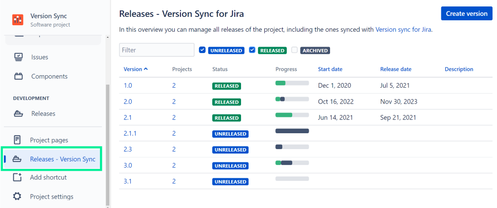 Navigattion bar left to Releases Version Snyc