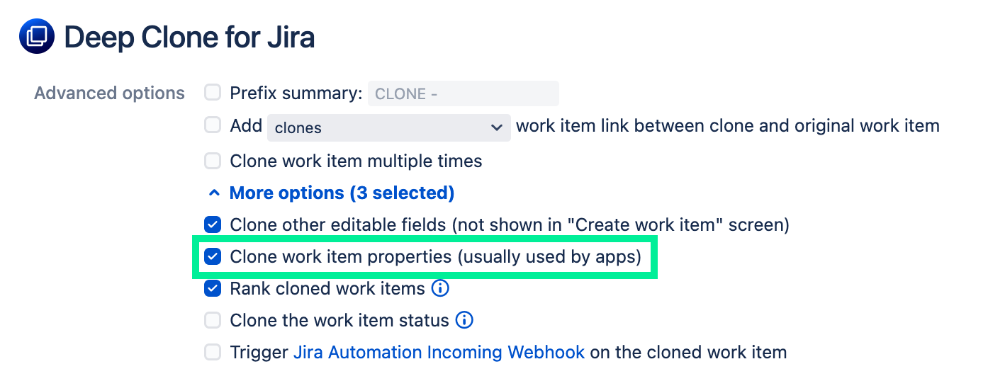 Deep Clone dialog with properties checked
