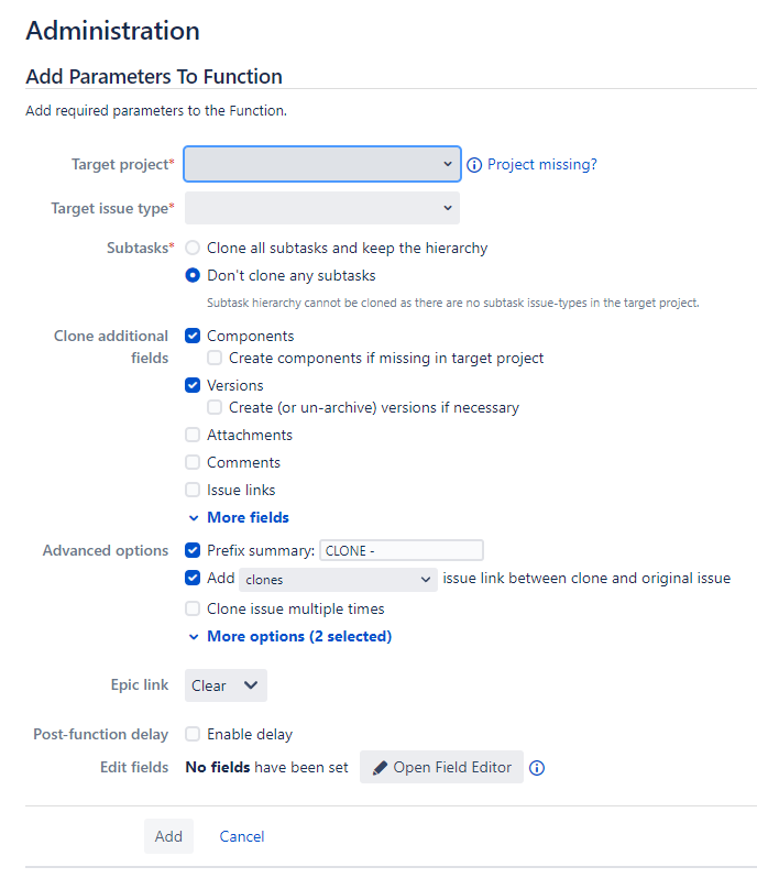 Deep Clone Post Function Clone configuration screen