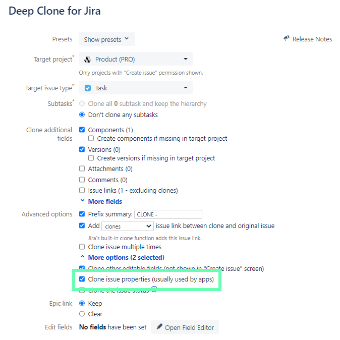 Deep Clone for Jira configuration window with Clone issue properties marked