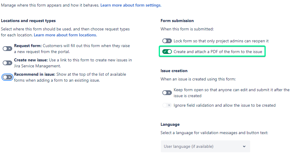 Jira forms configuration screen with Create and attach a PDF of the form to the issue