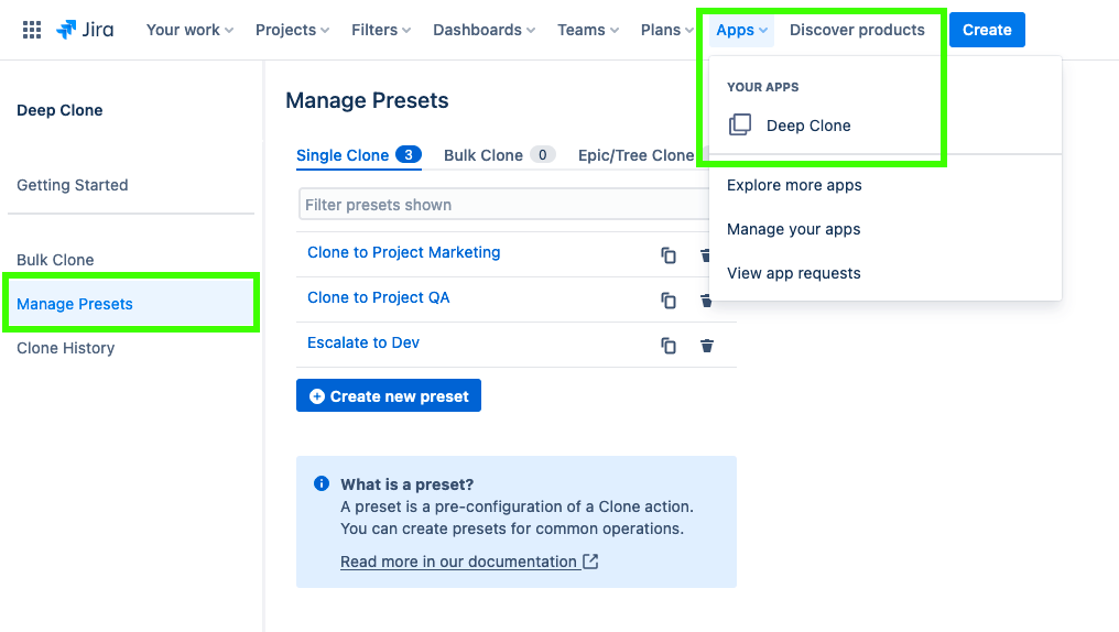 Deep Clone for Jira Manage Presets Configuration