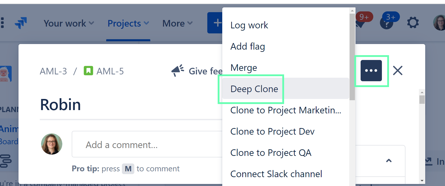 Deep Clone option in the issue actions menu
