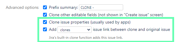 Deep Clone for Jira Advanced options configuration with Clone issue properties and issue link creation marked as requirements