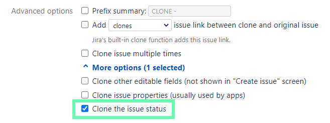 Deep Clone for Jira Configuration Advanced options with Clone the isssue status checked