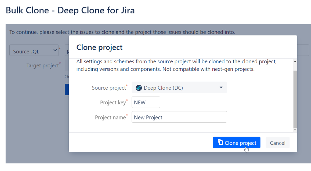 Clone project with Deep Clone for Jira