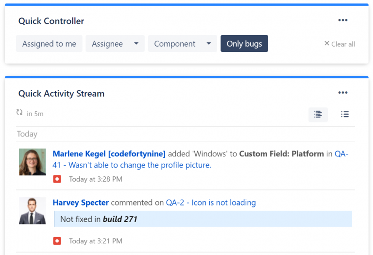 Quick Filters for Jira Dashboards Quick Activity Stream gadget