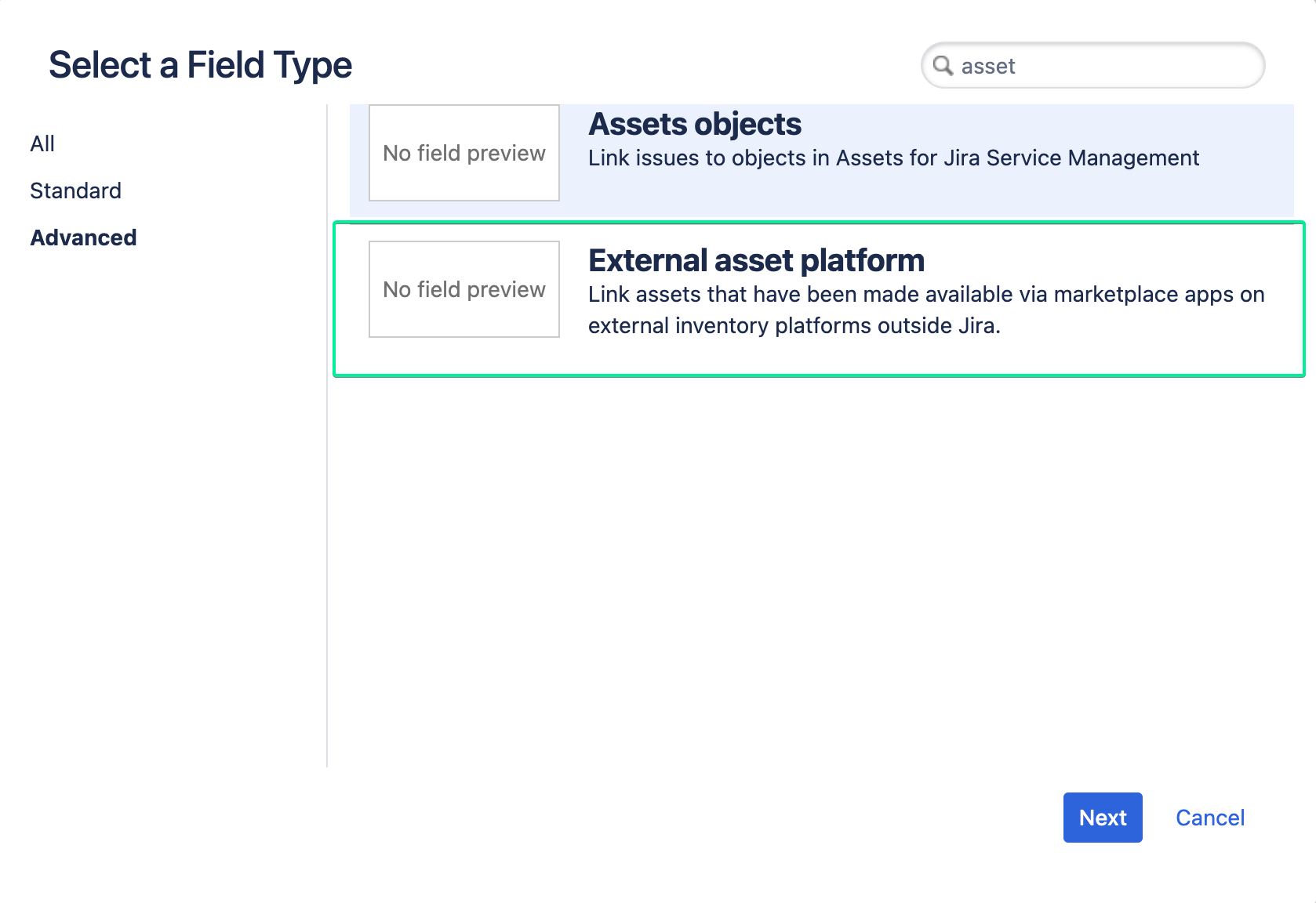 Create an External asset platform custom field