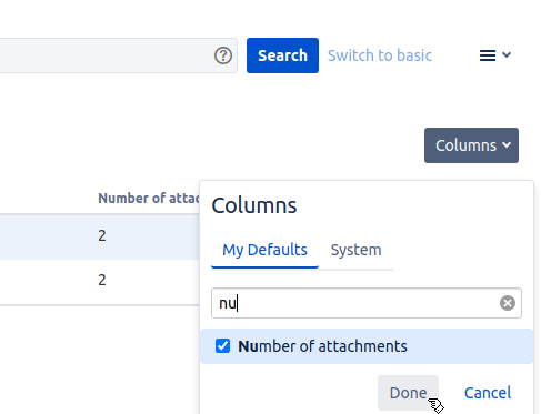 Columns dropdown