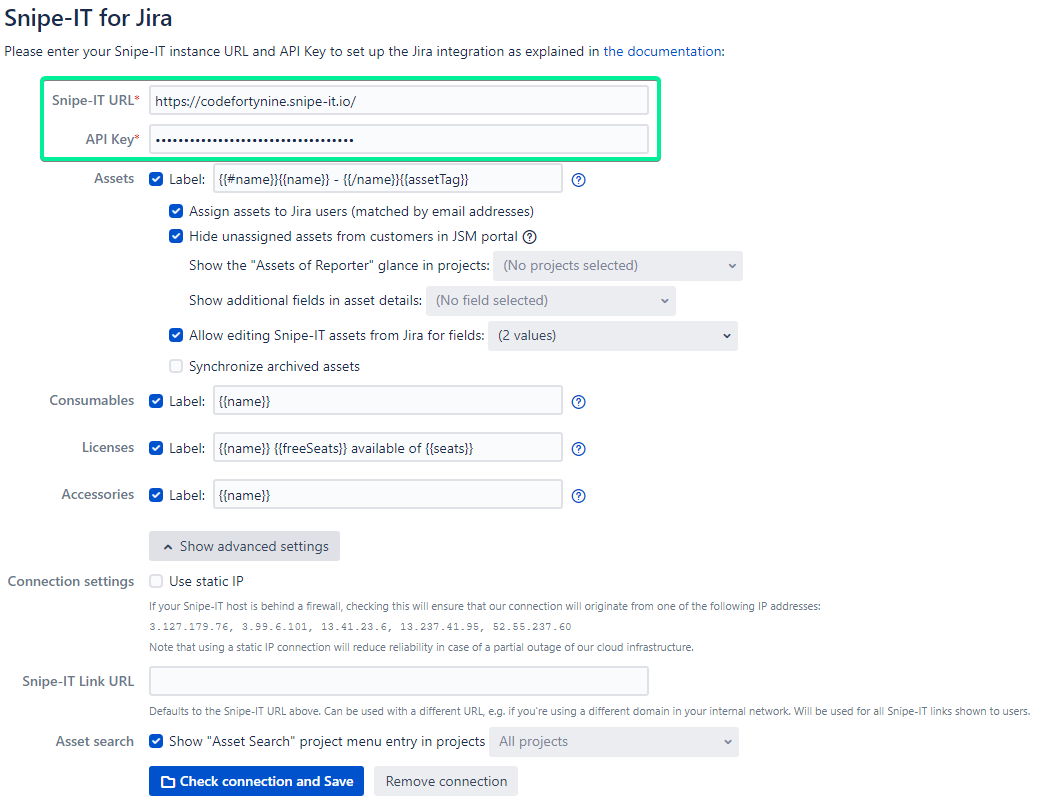 Picture of the Snipe-IT for Jira configuration page with the URL and API fields marked