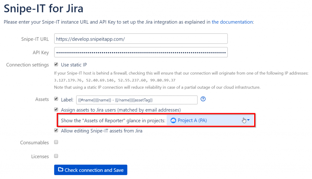 Snipe-IT for Jira configuration page with Assets of Reporter selected