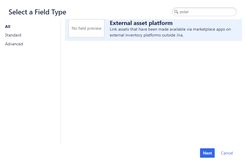 Add External asset plattform custom field