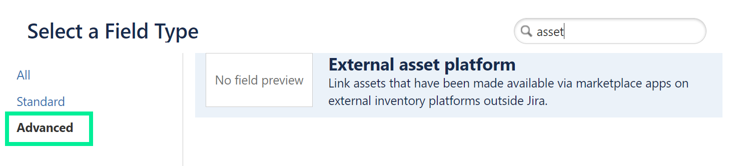 Custom Field creation window with External asset platform selected