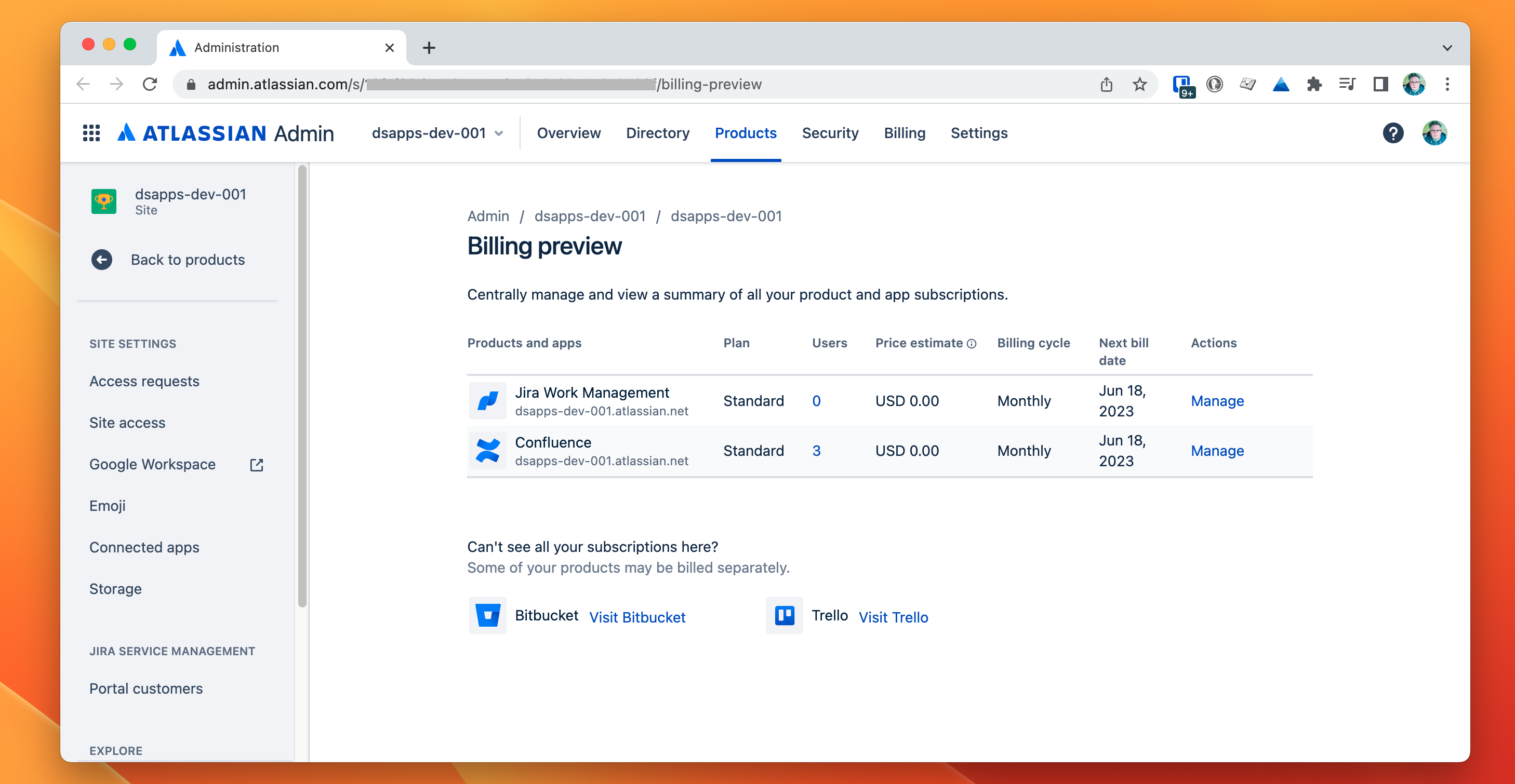 Jira admin Billing Preview screen