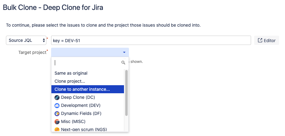 Clone configuration screen shows Clone to another instance