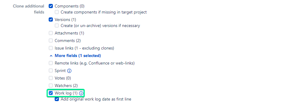 Deep Clone for Jira Clone additional fields configuration with Work log option checked and marked