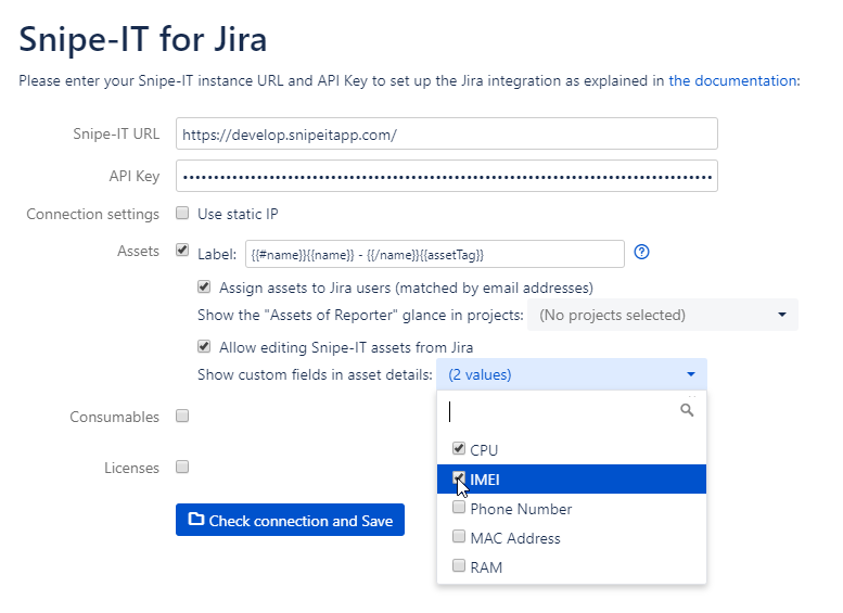 Snipe-IT for Jira configuration page