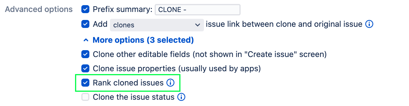 Rank cloned issues under Advanced options