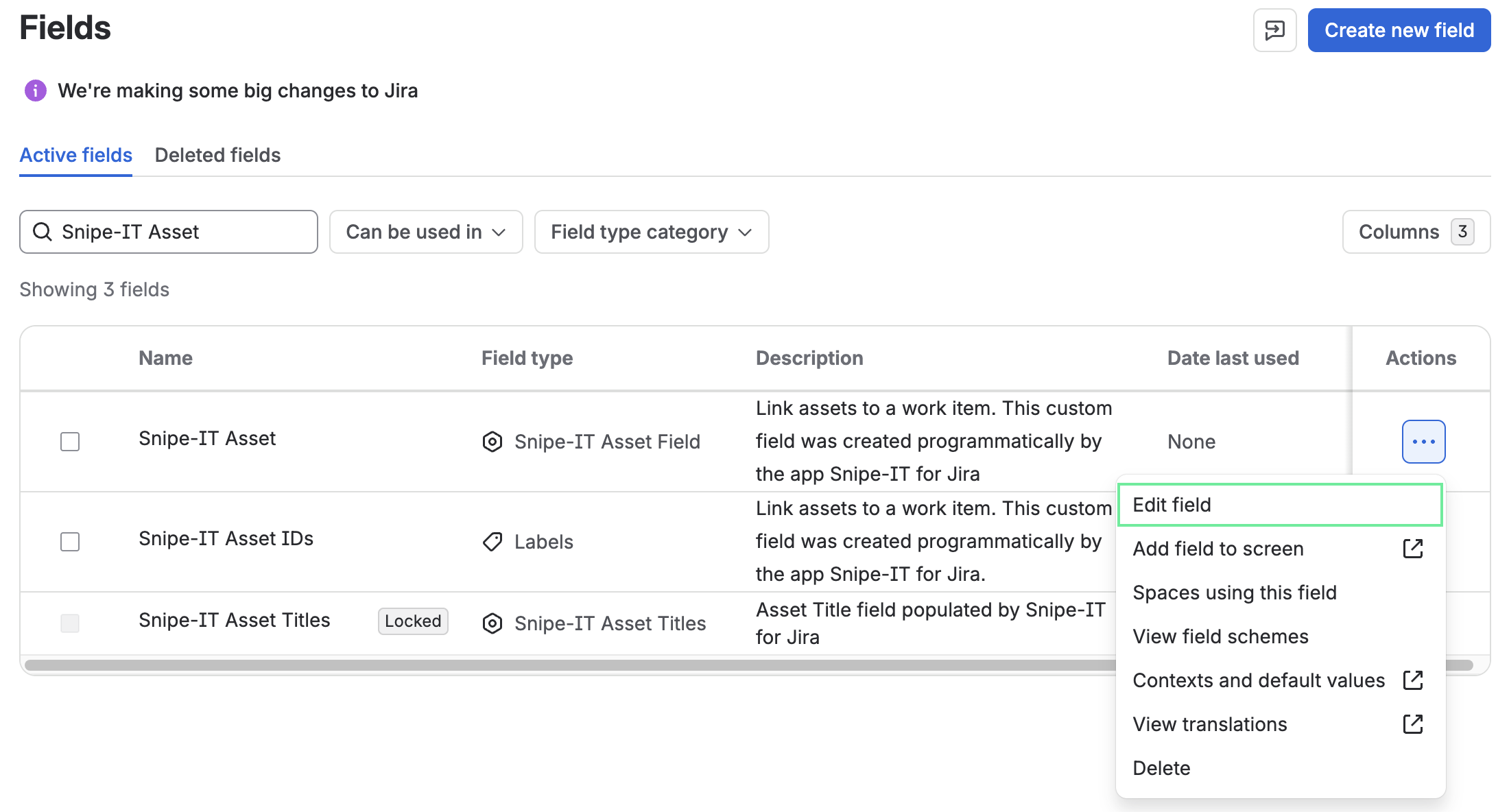 editing Snipe-IT for Jira asset fields in Jira settings