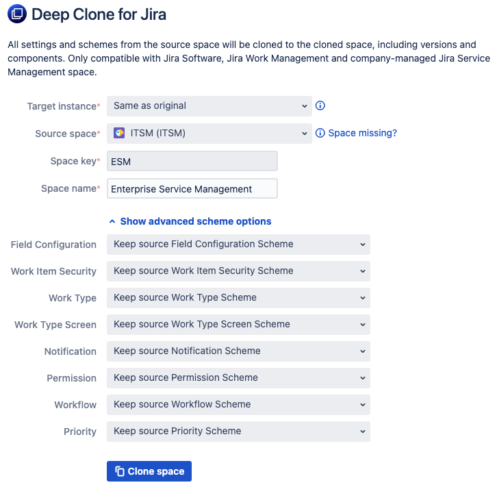 Screenshot of the Space Clone Advanced Scheme Options